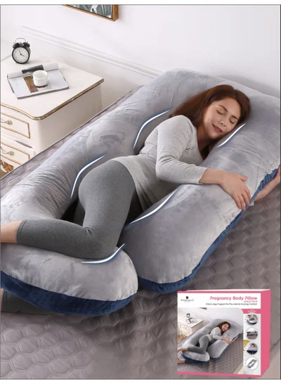 Donetella G-Shape Pregnancy Pillow – 180 cm Full Body Maternity Support Pillow with Removable Washable Velvet Cover – Support for Back, Legs, Belly & Hips – Grey Blue