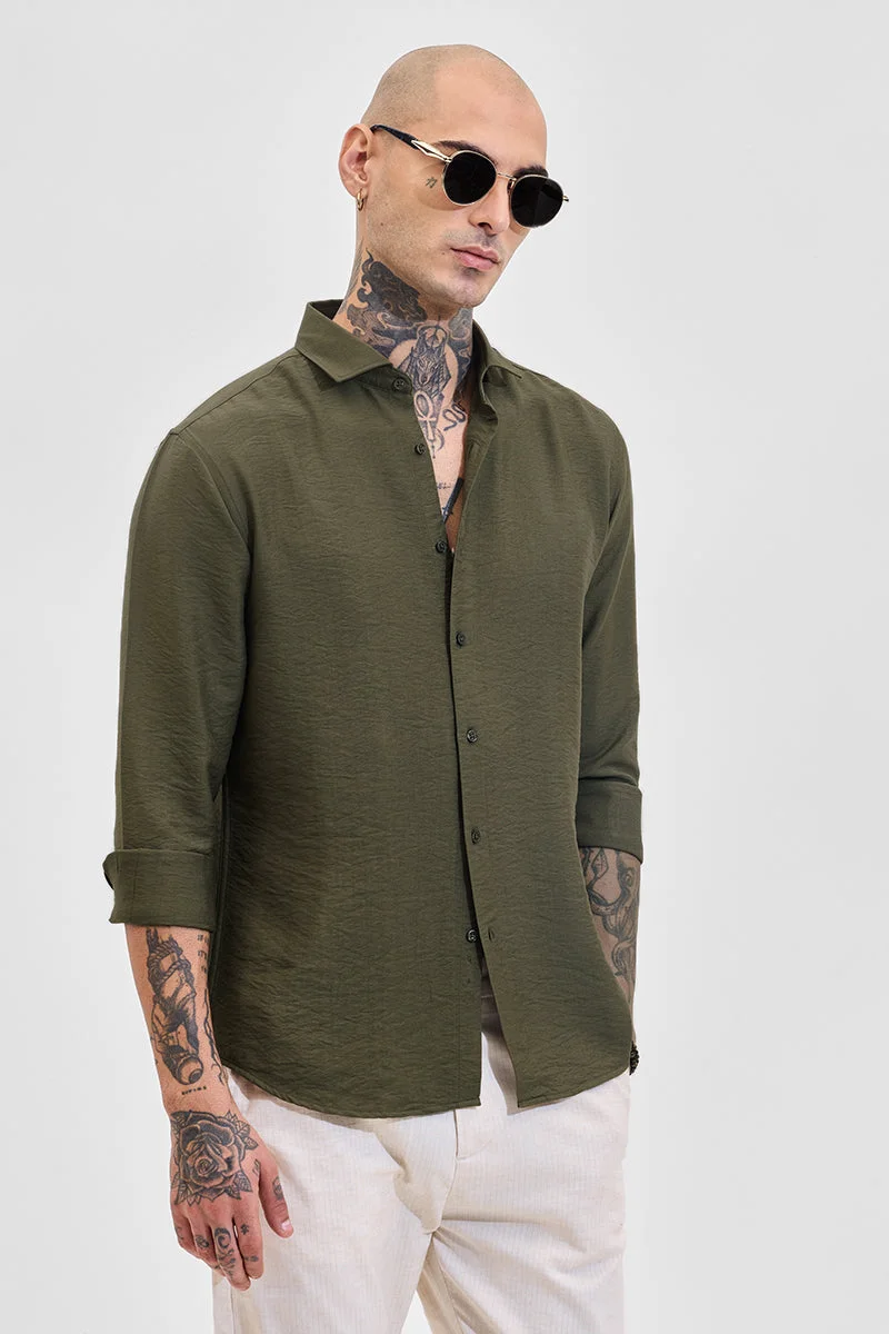 SNITCH Olive Green Textured Long Sleeve Slim Fit Shirt