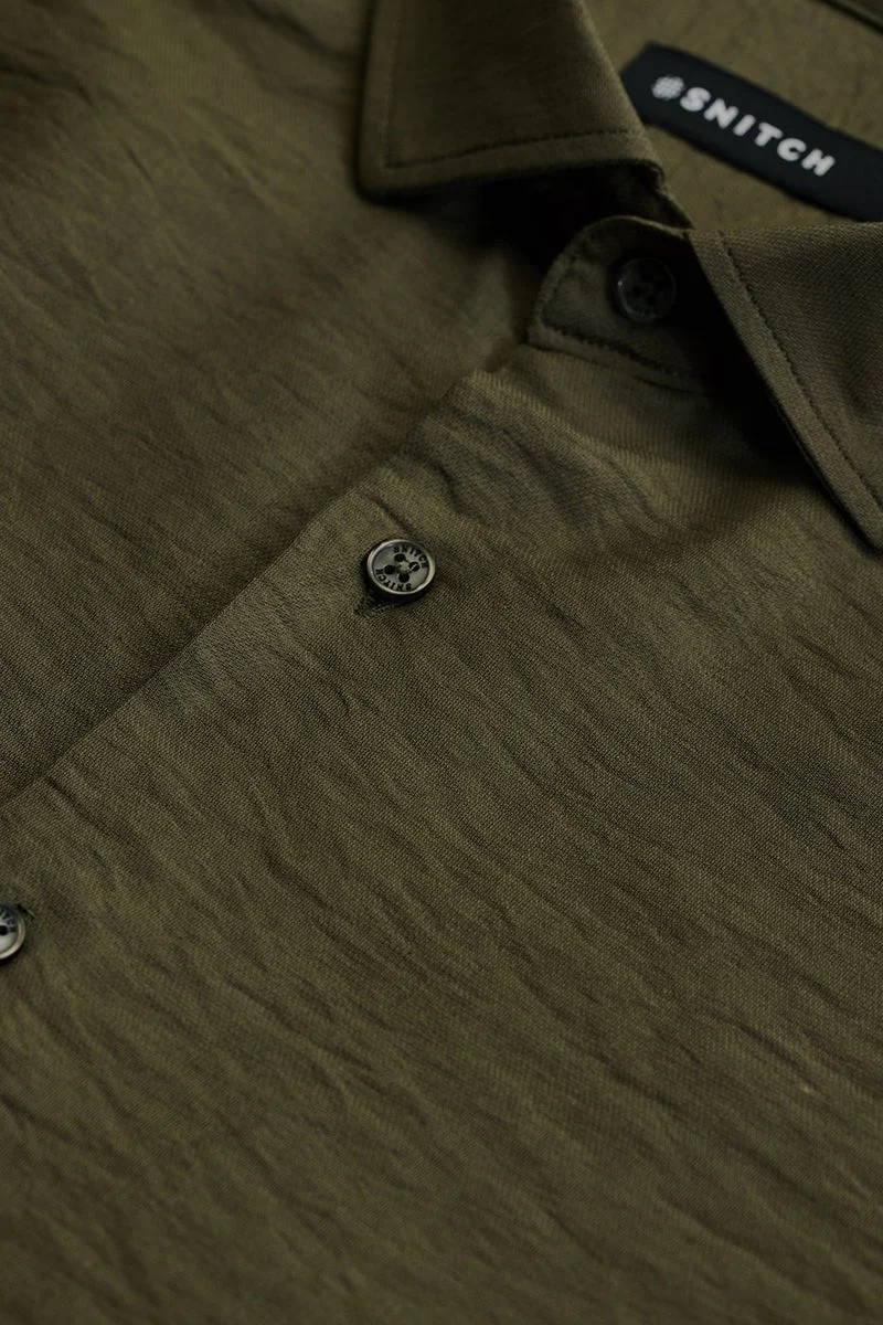 سنيتش Olive Green Textured Long Sleeve Slim Fit Shirt