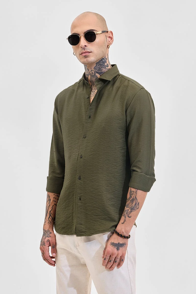 سنيتش Olive Green Textured Long Sleeve Slim Fit Shirt