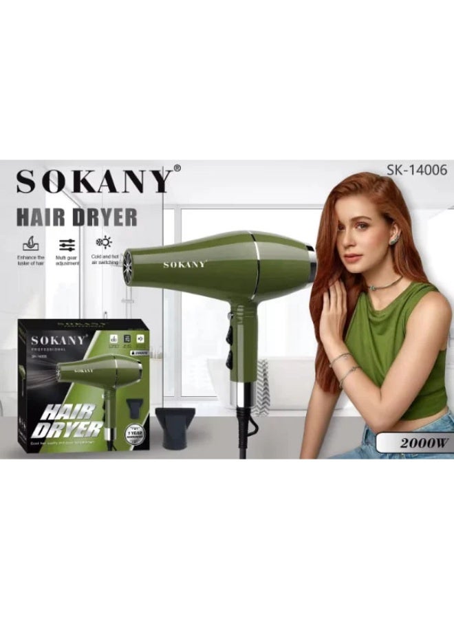sokany SK-14006 2000W Ionic Hair Dryer – Fast Drying Blow Dryer with Cool Shot, Diffuser & Concentrator Nozzles, 2 Speed & 2 Heat Settings, Hang Loop, Professional & Personal Use, Sleek Ergonomic - Image 2