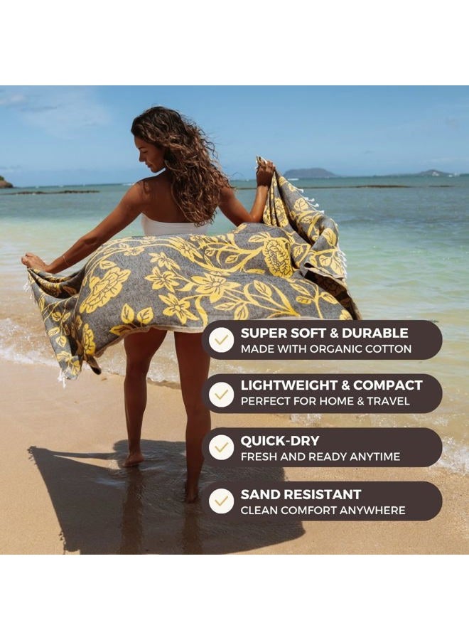 FESHKA Sand Free Turkish Beach Towel (37 x 67) Quick Dry Bath Towel, Oversized Beach Blanket, Lightweight for Travel - Made with 100% Organic Turkish Cotton - Gardenia (Yellow/Black) - Image 2