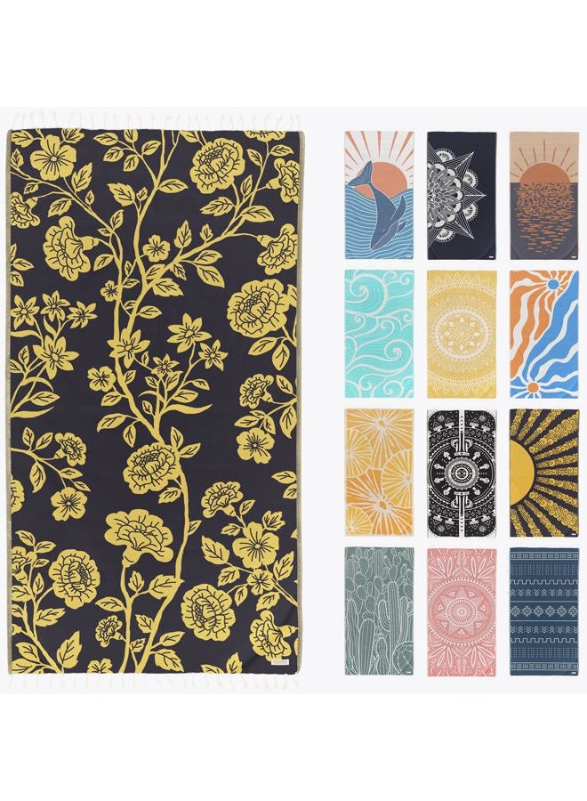 FESHKA Sand Free Turkish Beach Towel (37 x 67) Quick Dry Bath Towel, Oversized Beach Blanket, Lightweight for Travel - Made with 100% Organic Turkish Cotton - Gardenia (Yellow/Black) - Image 1