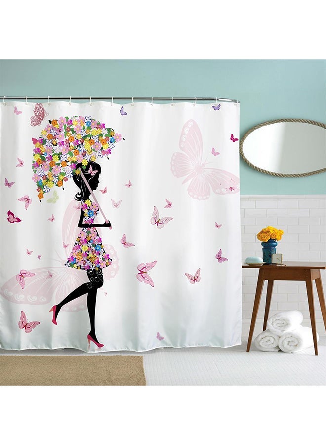 NIBEMINENT Umbrella And Girl Printed Shower Curtain Pink/White/Black 71 x 79inch - Image 2