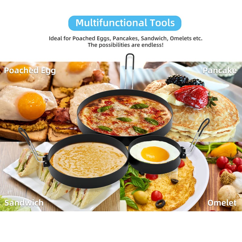 Ameupin 8" Omelet Ring, 6" Pancake Ring, 3.5" Egg Ring for Griddle Frying Eggs (Upgrade Large 3 Pack Stainless Steel Non Stick Round Cooking Rings Molds with Oil Brush and Egg Separator) - Image 2