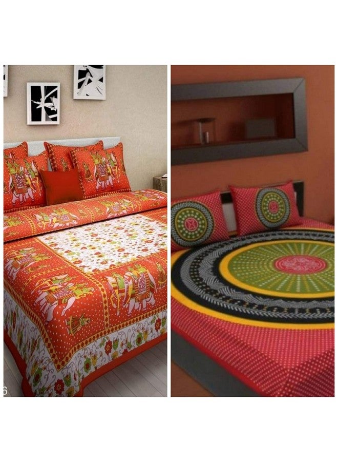 BedZone 100% Cotton Rajasthani Jaipuri King Size Printed Bedsheet Combo Double Bed Set 2 Double Bedsheet with 4 Pillow Cover - Multicolor - Image 1