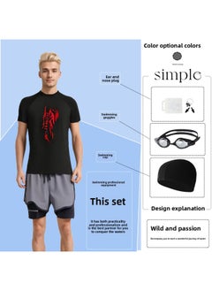 Swimsuit Men's High-end 2024 Hot Spring Swimming Boxer Double-layer Anti-embarrassment Swimming Trunks Swimming Goggles Swimming Cap Three-piece Set-Color:80819 Gray [5 Piece]]-