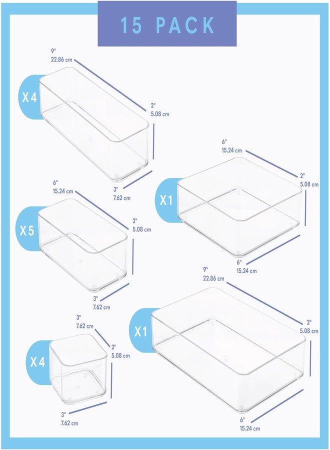 primebox Fifteen Pcs. Plastic Clear Drawer Organizers. Bathroom. Kitchen, Bedroom, Utensils, Office Organizer Bins, Storage Trays. Heavy Duty, Stackable 5 Sizes. - Image 3