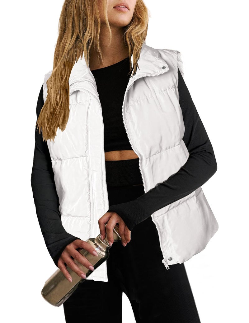 Zeagoo Women Puffer Vest Lightweight Stand Collar Sleeveless Winter Warm Zip Up Padded Outerwear Jackets with Pockets White XL - Image 2
