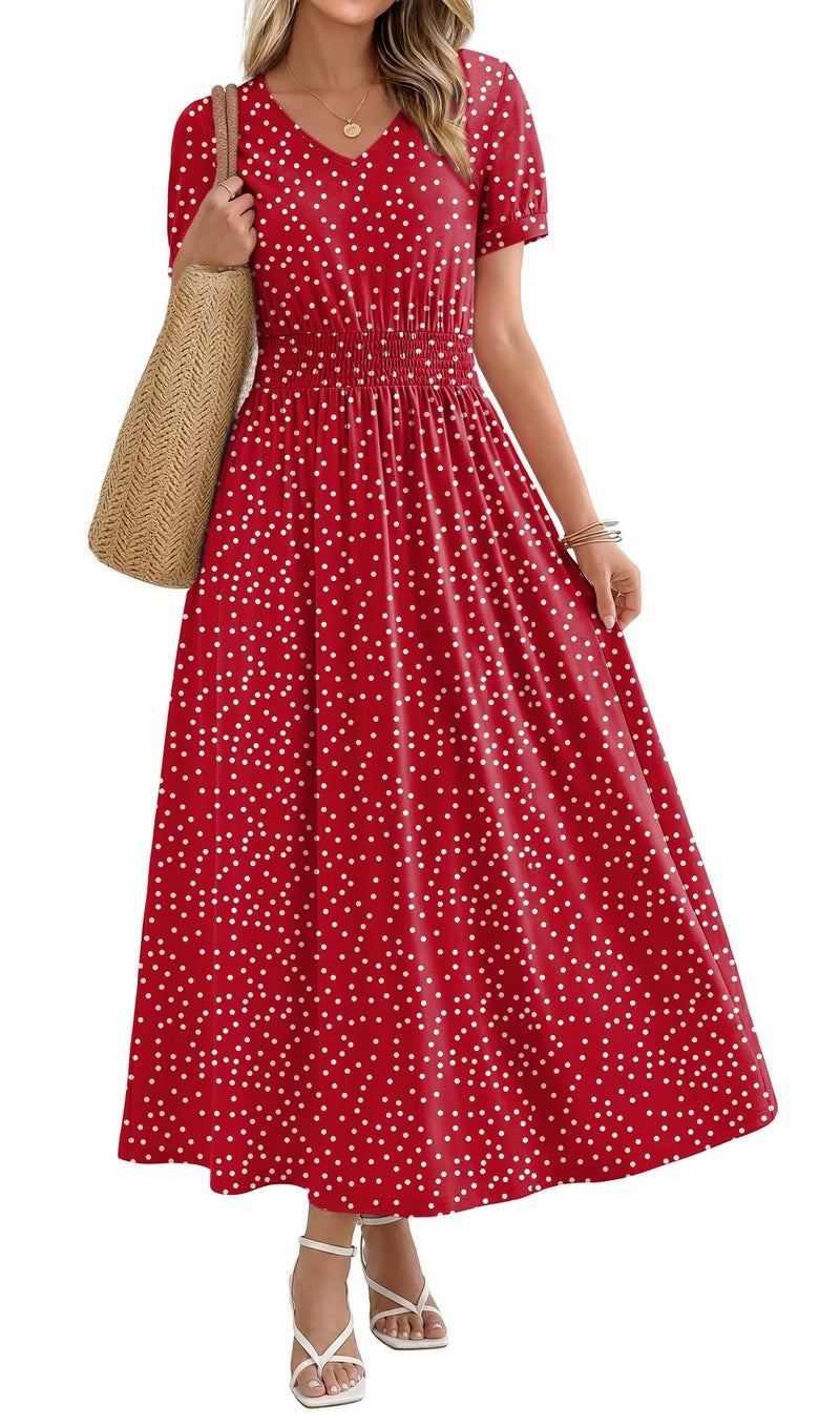 OFEEFAN Red Polka Dot Maxi Dresses for Women Ladies Summer Midi Sundresses Long Casual Dress Spring Beach Vacation Outfits Fashion Clothing 2026 Trendy Resort Wear A Line Flowy M - Image 1