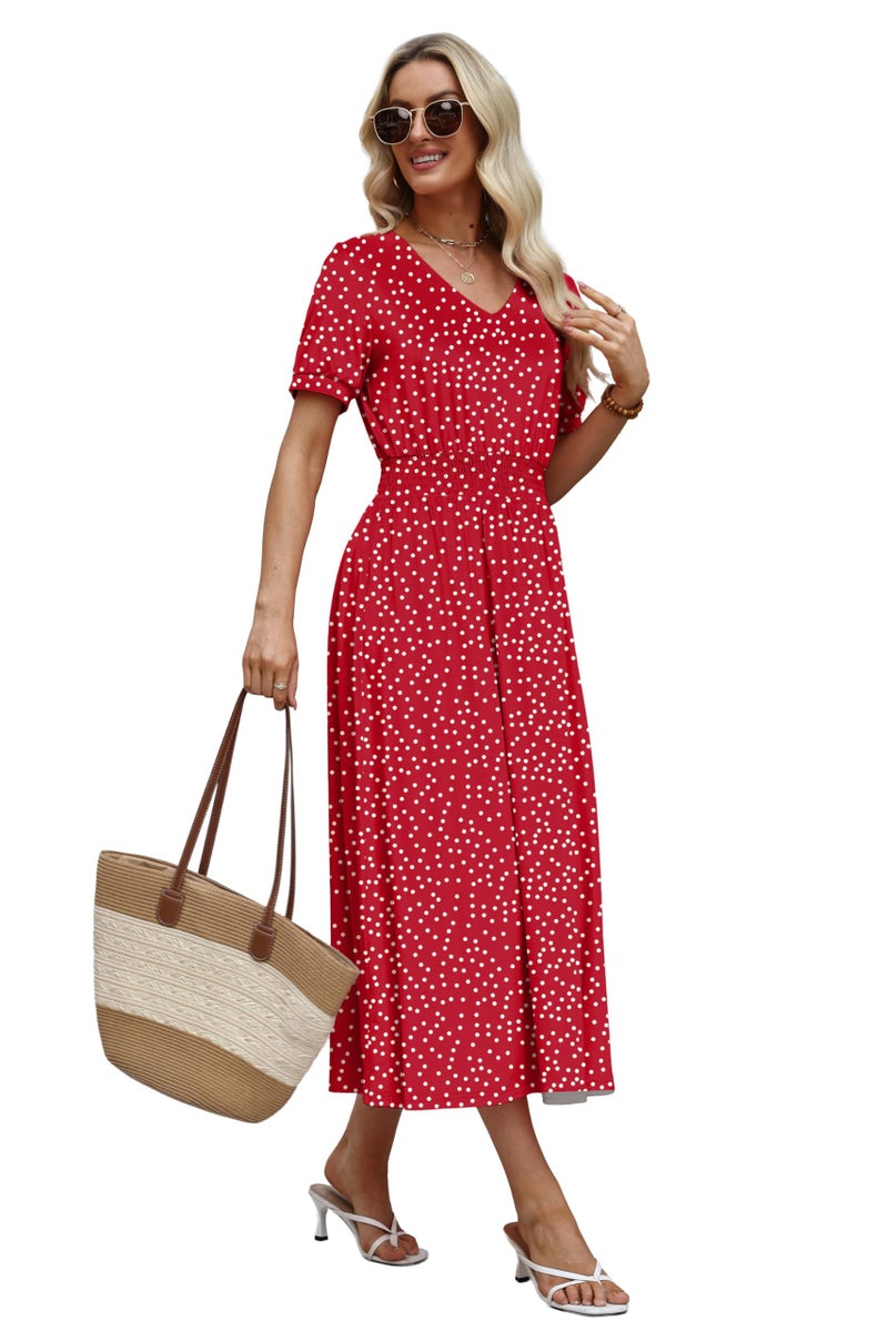 OFEEFAN Red Polka Dot Maxi Dresses for Women Ladies Summer Midi Sundresses Long Casual Dress Spring Beach Vacation Outfits Fashion Clothing 2026 Trendy Resort Wear A Line Flowy M - Image 4