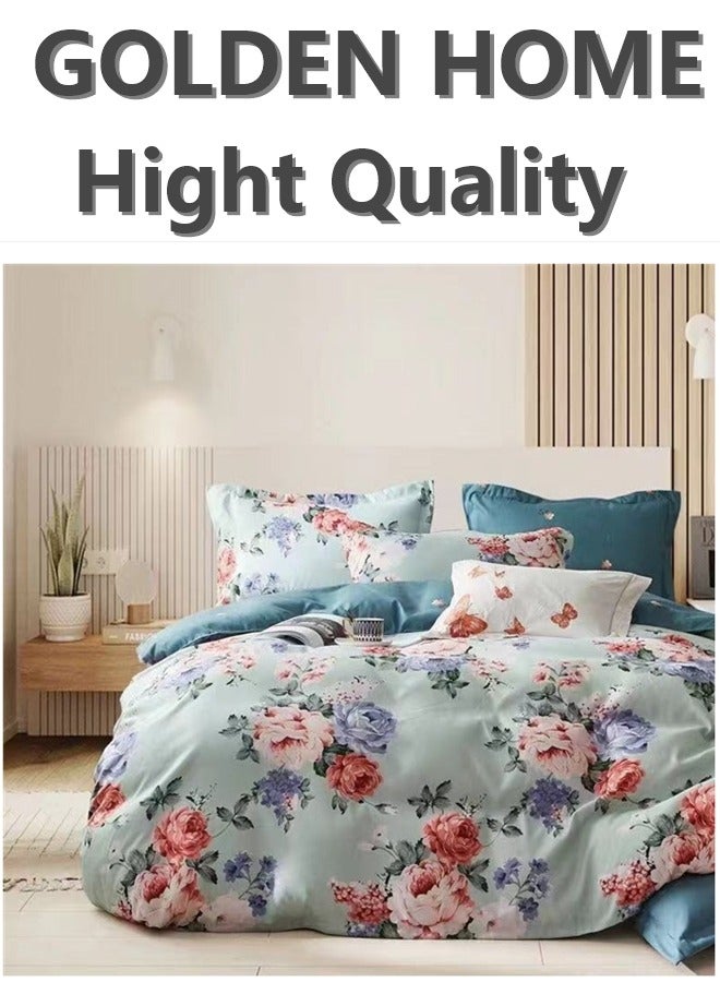 GOLDEN HOME  Floral Design King Size Duvet Cover Set: Complete 6pc with 1 Duvet Cover, 4 Pillow Covers, 1 Stretch Fitted Sheet