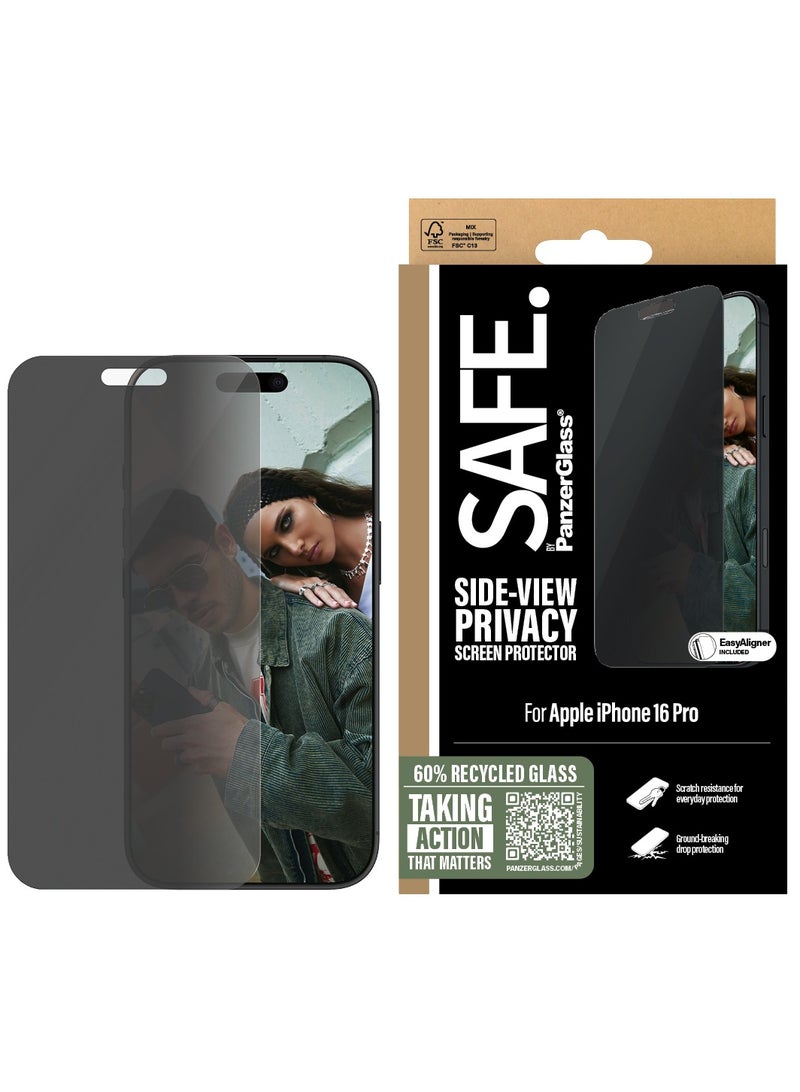 PanzerGlass حماية الخصوصية SAFE من PanzerGlass® لجهاز iPhone 16 Pro - زجاج معاد تدويره بنسبة 60%، طلاء خالي من البقع - مع مساعدة التركيب لتسهيل التثبيت، واقي زجاج مقسى لشاشة iPhone 16 Pro - Image 1