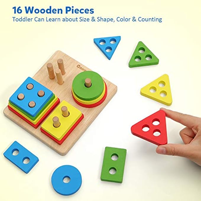 WOODEN SORTING STACKING MONTESSORI TOYS, SHAPE COLOR RECOGNITION BLOCKS MATCHING PUZZLE, FINE MOTOR SKILL EDUCATIONAL PRESCHOOL LEARNING BOARD GAME GIFT FOR KIDS - Image 3