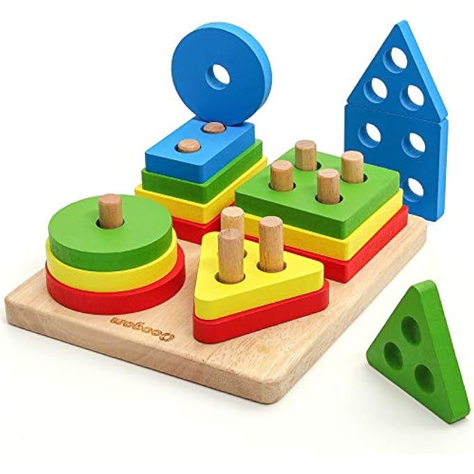 WOODEN SORTING STACKING MONTESSORI TOYS, SHAPE COLOR RECOGNITION BLOCKS MATCHING PUZZLE, FINE MOTOR SKILL EDUCATIONAL PRESCHOOL LEARNING BOARD GAME GIFT FOR KIDS - Image 1
