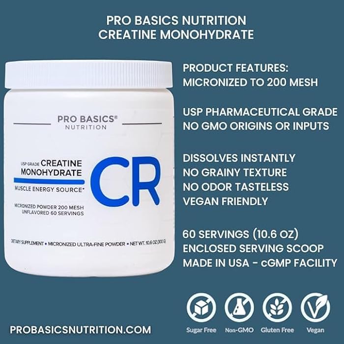 Pro Basics Micronized Creatine Monohydrate Powder 10.6oz. Unflavored. Pure Non Grainy Dissolve Easily No Additives Vegan & Keto. 60 Servings 5000mg 5g per Scoop. Take Pre or Post Workout - Image 3