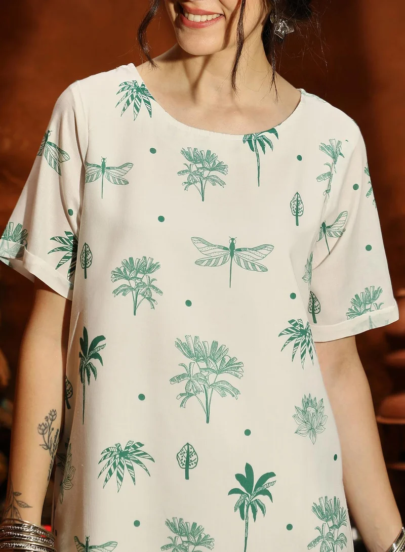 QISSA Women's Hunter Green Dragonfly Palm Kurta With Trousers