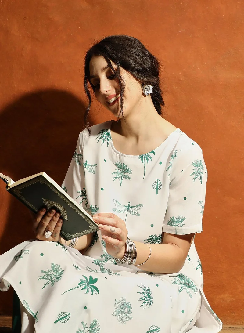 QISSA Women's Hunter Green Dragonfly Palm Kurta With Trousers