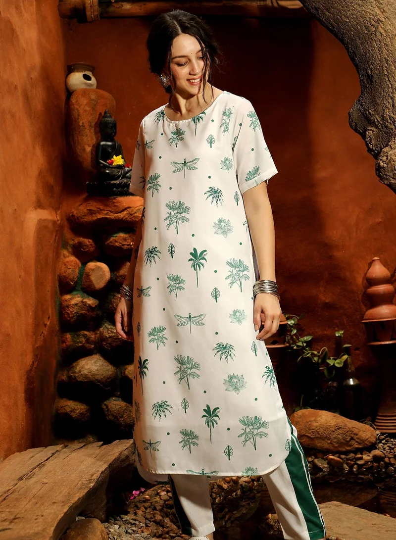 QISSA Women's Hunter Green Dragonfly Palm Kurta With Trousers