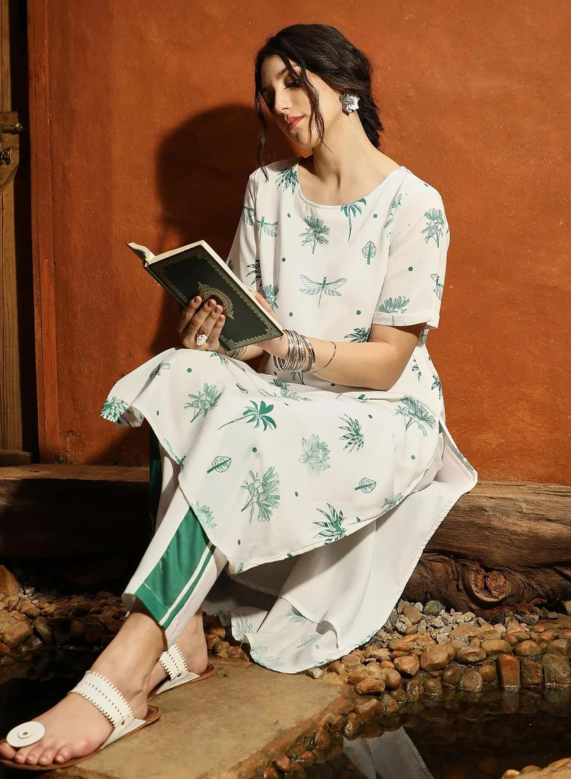 QISSA Women's Hunter Green Dragonfly Palm Kurta With Trousers