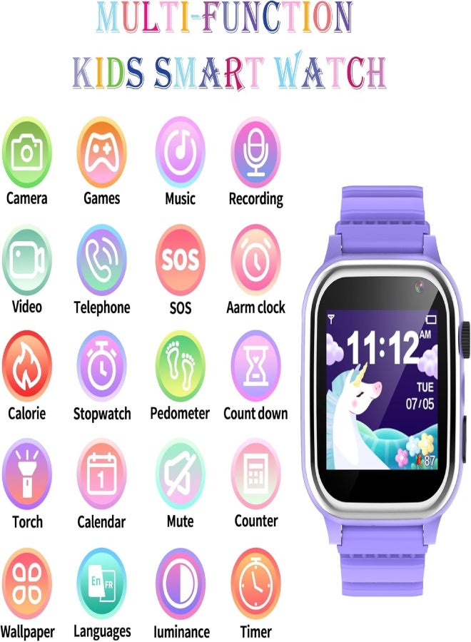 AROAQ Kids Smart Watch for Boys & Girls with Phone Call, SOS, HD Camera, 26 Educational Games, MP3 & Video Player, Pedometer, Calories Counter, Touch Screen – Birthday Gift for Children (1.44” Display) - Purple - Image 2
