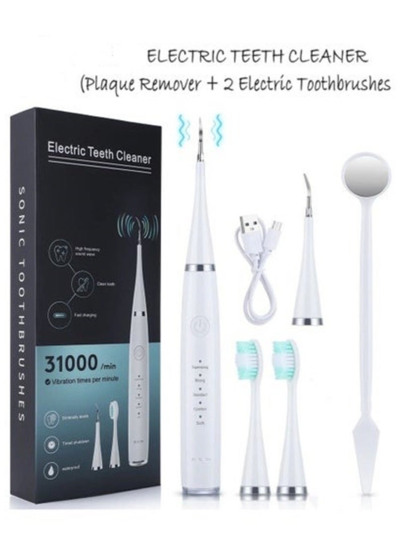 ABJ مجموعة أجهزة تنظيف الأسنان القابلة لإعادة الشحن - ٢ فرشاة أسنان كهربائية و ١ مزيل للترسبات - تنظيف الأسنان، إزالة الجير، مجموعة تبييض الأسنان، جهاز تنظيف الأسنان الكهربائي، مجموعة العناية بالفم، أدوات الأسنان (أبيض) - Image 1