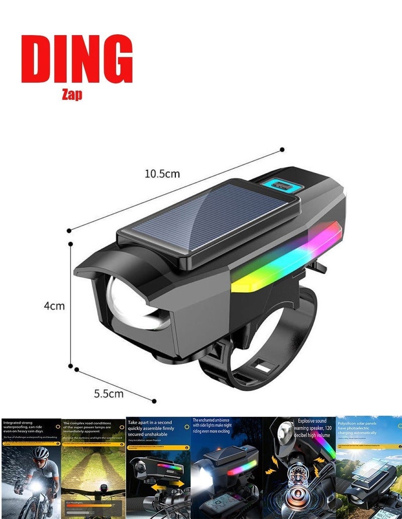 Ding Zap Solar-Charging Bicycle Front Light with Horn Bell – Strong Flashlight for Mountain Night Riding - Image 1