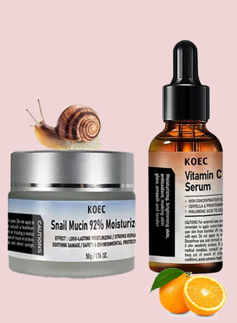 KOEC 2Pcs Set Snail Mucin Moisturizer and Vitamin C Serum for Face Facial Serum with Vitamin E and Hyaluronic Acid Face Moisturizer Hydrating Repair Face Gel Cream Advanced Snail Cream Anti Aging and Wrinkle Facial Serum - Image 1