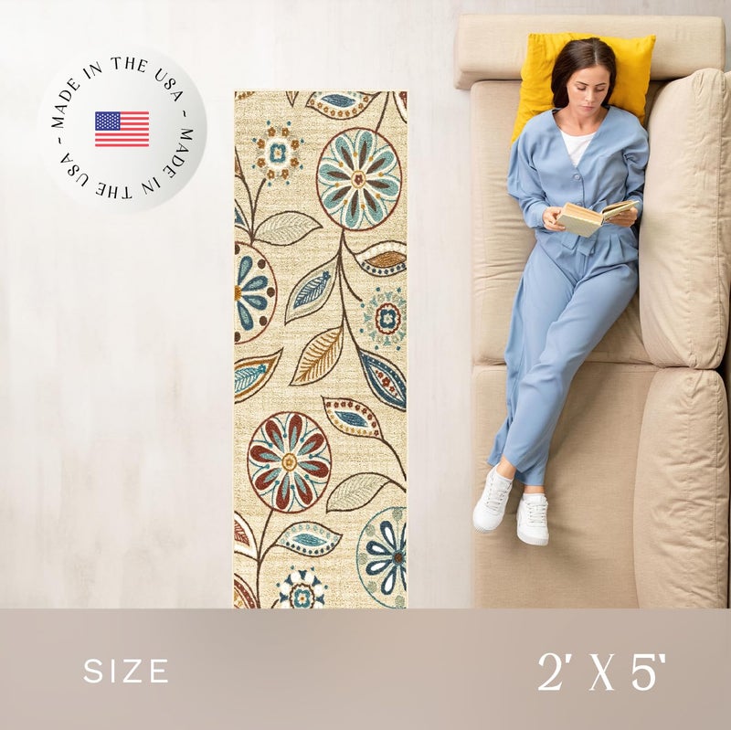 Maples Rugs Reggie Floral Runner Rug - Made in USA - Washable, Non Slip Indoor Carpet for Kitchen, Hallway, and Laundry Room, 2' x 5', Beige - Image 2