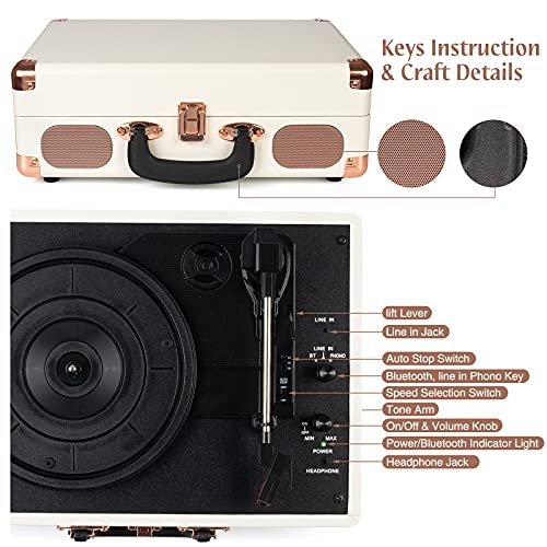 Retrolife Turntable Vinyl Record Player 3-Speed Suitcase Portable Belt-Driven Record Player with Built-in Speakers RCA Line Out AUX in Headphone Jack Vintage White - Image 4