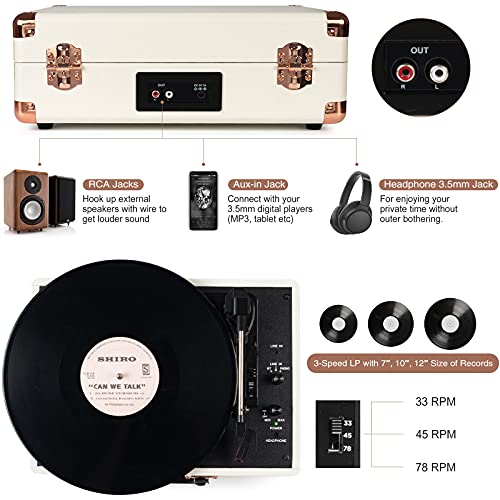 Retrolife Turntable Vinyl Record Player 3-Speed Suitcase Portable Belt-Driven Record Player with Built-in Speakers RCA Line Out AUX in Headphone Jack Vintage White - Image 3