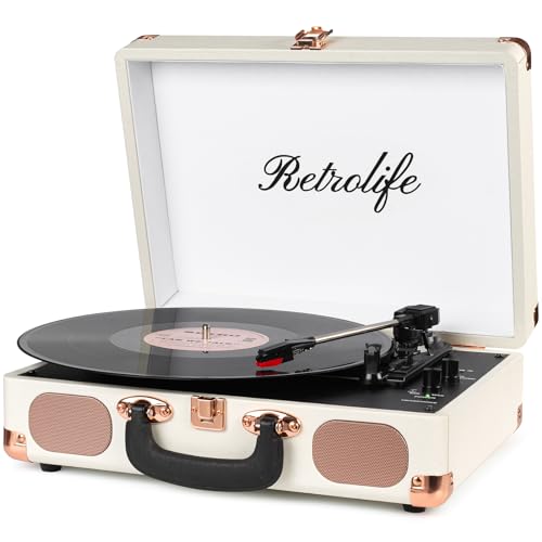 Retrolife Turntable Vinyl Record Player 3-Speed Suitcase Portable Belt-Driven Record Player with Built-in Speakers RCA Line Out AUX in Headphone Jack Vintage White - Image 1