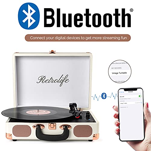 Retrolife Turntable Vinyl Record Player 3-Speed Suitcase Portable Belt-Driven Record Player with Built-in Speakers RCA Line Out AUX in Headphone Jack Vintage White - Image 2