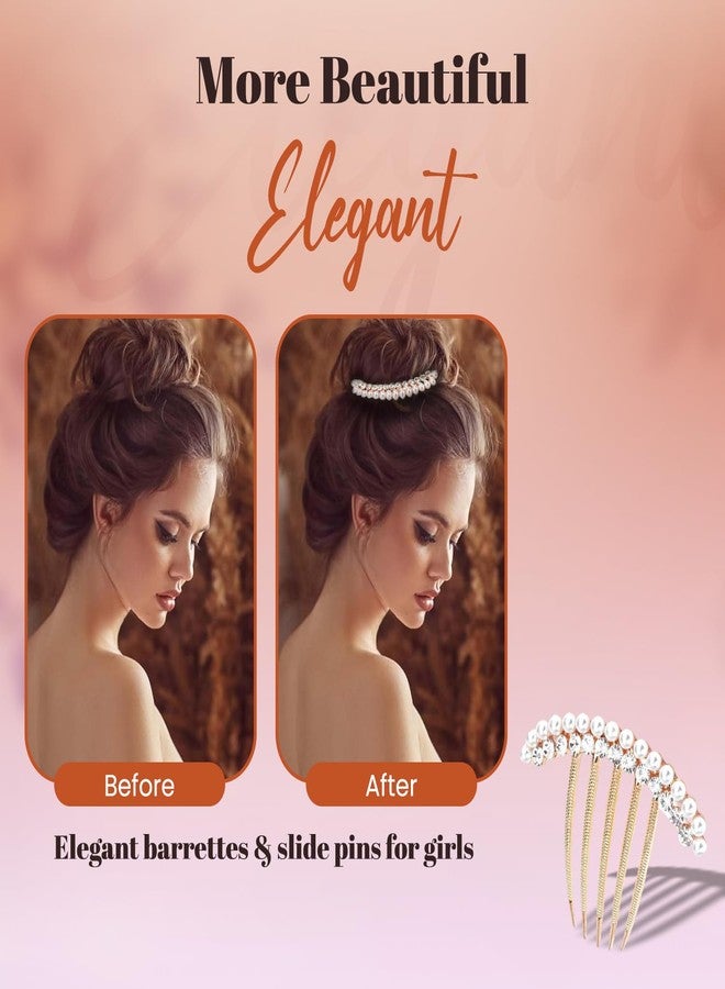 Homeaura® 3 Pcs French Comb Hair Clip Set | Pearl Claw Hair Clip Decorative Side Clips for Women Girls | Elegant Bun Holder French Hairpins for Wedding Party Daily Use | Rose Gold with Pearls - Image 5