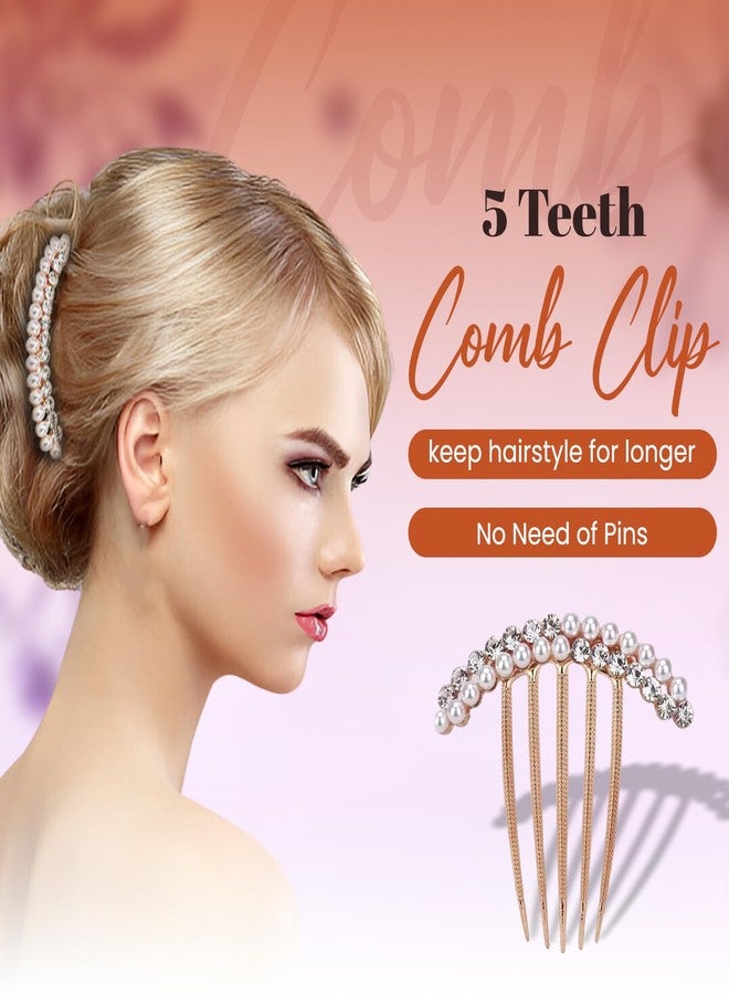 Homeaura® 3 Pcs French Comb Hair Clip Set | Pearl Claw Hair Clip Decorative Side Clips for Women Girls | Elegant Bun Holder French Hairpins for Wedding Party Daily Use | Rose Gold with Pearls - Image 3