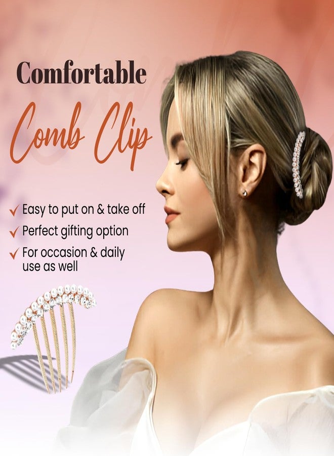 Homeaura® 3 Pcs French Comb Hair Clip Set | Pearl Claw Hair Clip Decorative Side Clips for Women Girls | Elegant Bun Holder French Hairpins for Wedding Party Daily Use | Rose Gold with Pearls - Image 2