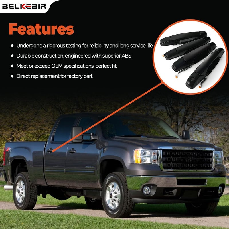 BELKEBIR 4 PCS Black Exterior Door Handle Front Rear Driver Passenger Compatible with 2007-2014 Chevy Silverado Suburban Avalanche Tahoe, GMC Sierra Yukon, Escalade Replaces 20828258, 22738721, 25960525 Air & land transit compatible - Image 4