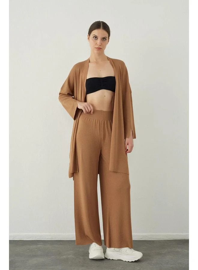 Sherin Camel Plain Collared Basic Knit Cardigan