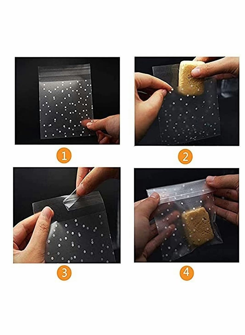 كابتن تيك 4”x4”Self Adhesive Candy Bag 400 PCS Cellophane Cookie Bags Self-adhesive Sealing White Polka Dot Clear OPP Plastic Party for Bakery, Candy, Soap - Image 4