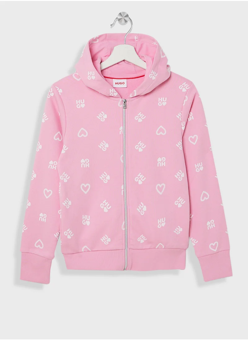 HUGO Kids Logo Aop Zip Through Hoodie