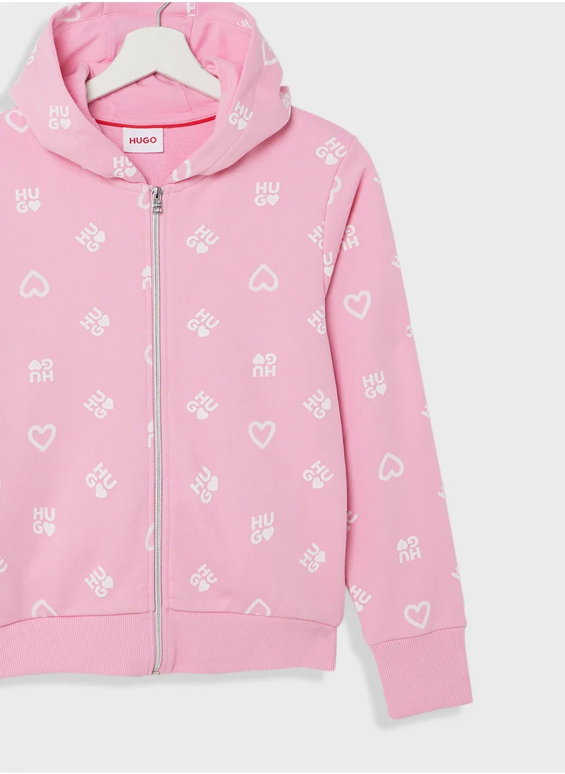 HUGO Kids Logo Aop Zip Through Hoodie