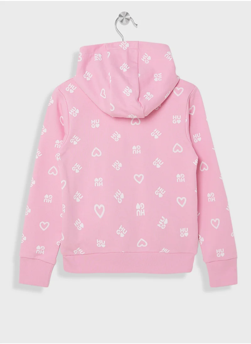 HUGO Kids Logo Aop Zip Through Hoodie