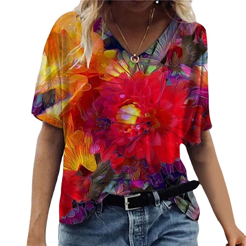 2021 New Pullover V-Neck Printed Street Short Sleeve Multi-Color Loose T-Shirt For Women - Image 1