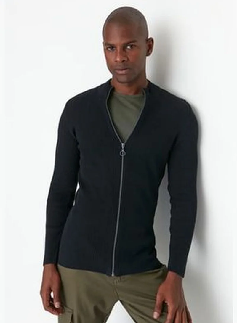 trendyol Men's Black Slim Fit Zipper Front Corduroy Cardigan TMNAW20HI0201