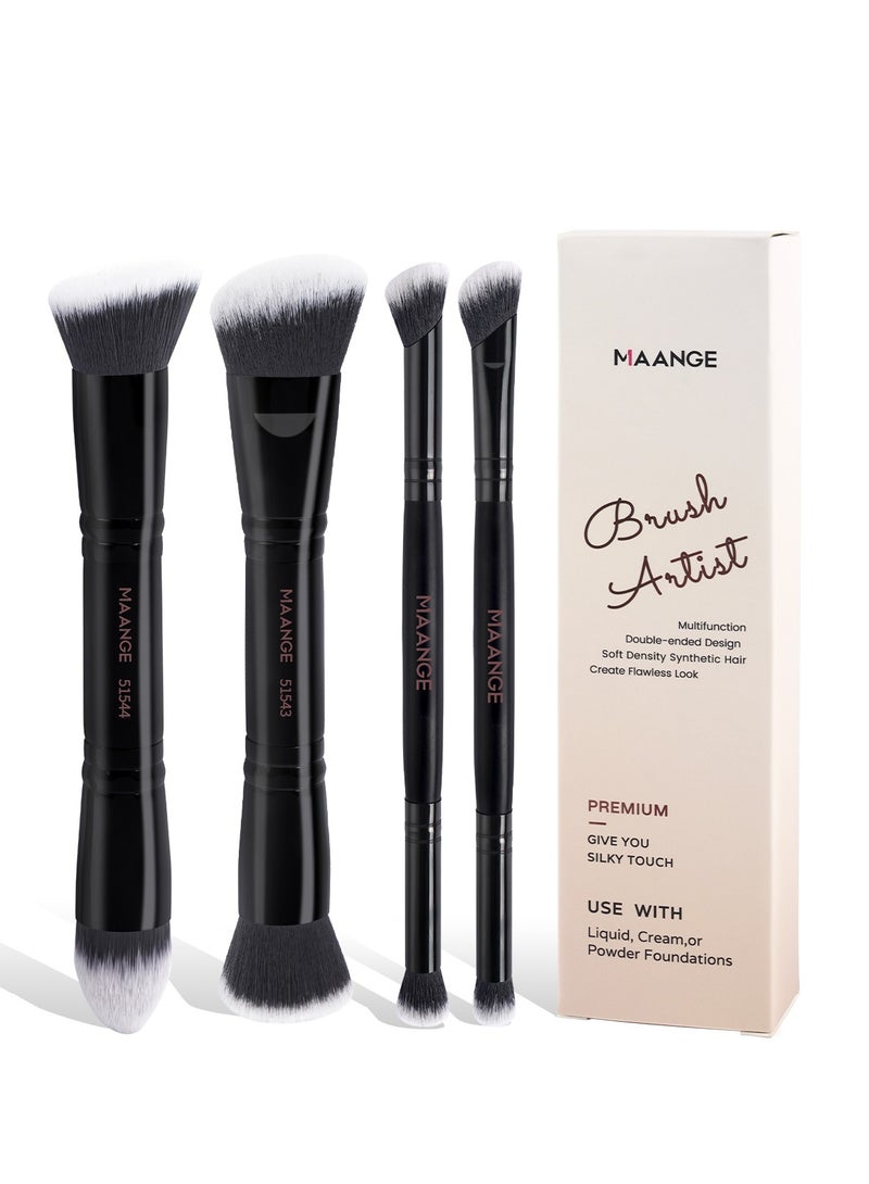 MAANGE 4-Piece Double-Ended Makeup Brush Set – Foundation, Contour, Blush & Eyeshadow Brushes – Travel-Friendly & Gift-Ready,Black - Image 1