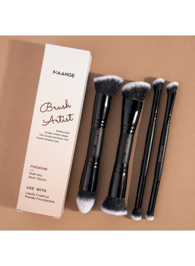 MAANGE 4-Piece Double-Ended Makeup Brush Set – Foundation, Contour, Blush & Eyeshadow Brushes – Travel-Friendly & Gift-Ready,Black - Image 3