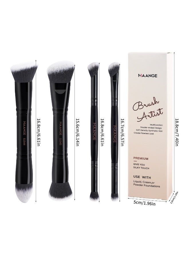 MAANGE طقم فرش مكياج مزدوجة النهاية مكون من 4 قطع – فرشاة الأساس، فرشاة التحديد، فرشاة الخدود وفرشاة ظلال العيون – مناسبة للسفر وجاهزة كهدية، أسود - Image 5