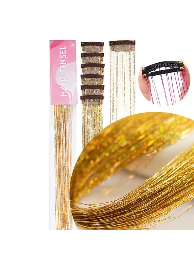 Gold Hair Tinsel Pack of 6 Pcs Clip in Hair Tinsel 20 Inch Glitter Tinsel Hair Extensions, Festival Tinsel Fairy Hair Extension Party Dazzle Hair Accessories Strands Kit (6Pcs,Gold#) - Image 3