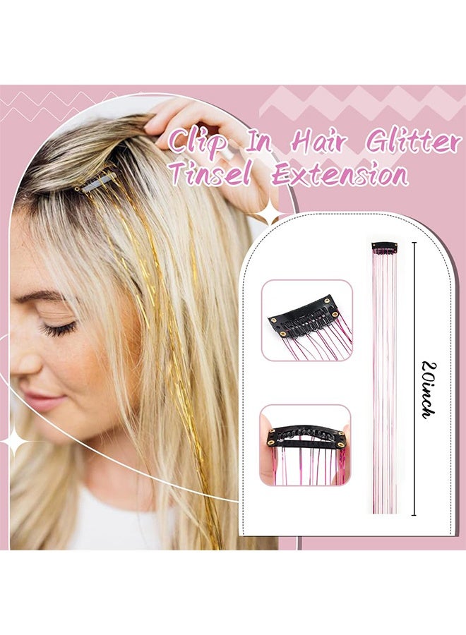 Gold Hair Tinsel Pack of 6 Pcs Clip in Hair Tinsel 20 Inch Glitter Tinsel Hair Extensions, Festival Tinsel Fairy Hair Extension Party Dazzle Hair Accessories Strands Kit (6Pcs,Gold#) - Image 4