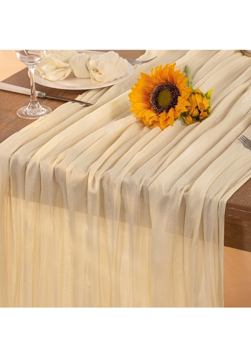 FLYROAD Beige Cheesecloth Table Runner Spring Sheer Cream Cheese Cloth Table Runner Gauze 90*300CM Long Boho Summer Table Decorations for Wedding Bridal Baby Shower Garden Party Decor - Image 1